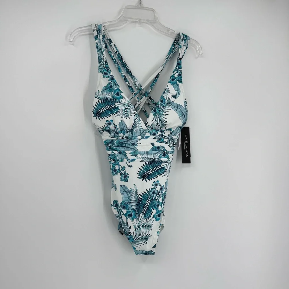 La Blanca One Piece Swimsuit Size 12 NWT Strappy Tropical Leaf Tummy Control - Picture 11 of 11